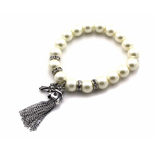 Pearl w/ metal tassel bracelet - silver