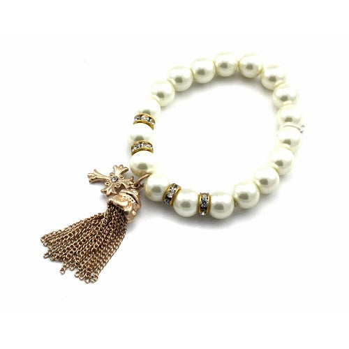 Pearl w/ metal tassel bracelet - gold