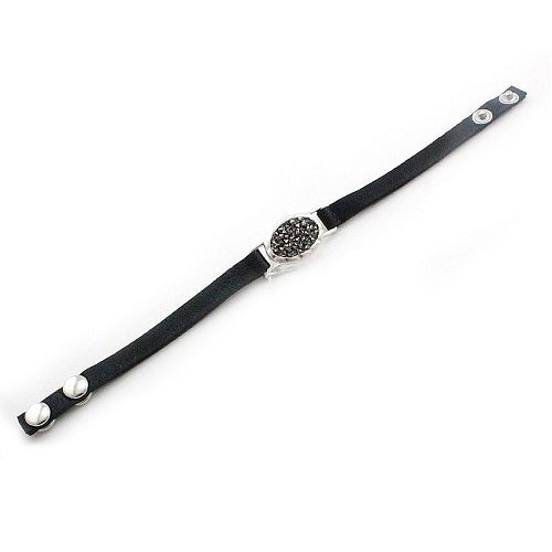 Oval pave leather bracelet - silver black