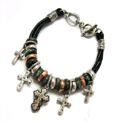 Cross charm bracelet - patina