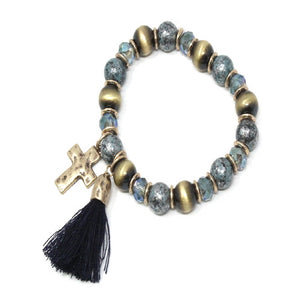 Cross & tassel bead bracelet - patina