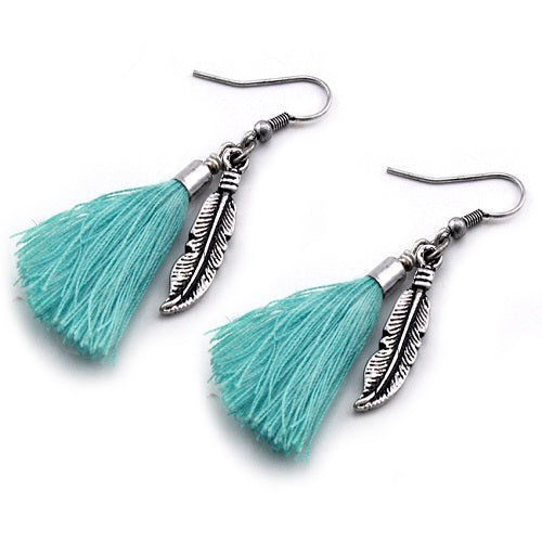Feather w/ tassel earring - turquoise