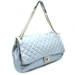 Quilted turn-lock chain shoulder bag - silver