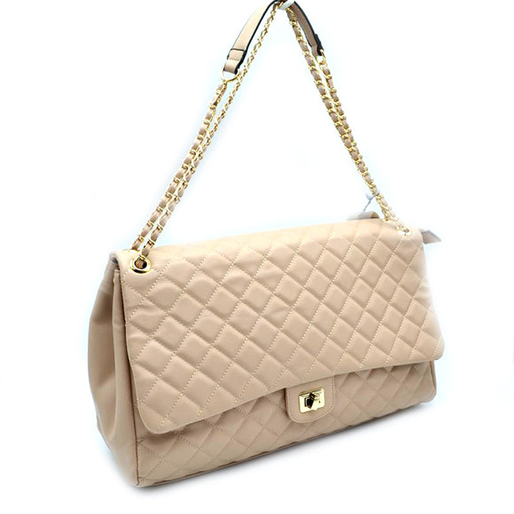 Quilted turn-lock chain shoulder bag - taupe