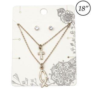 Multi layer Cross & Ichthys necklace set - gold