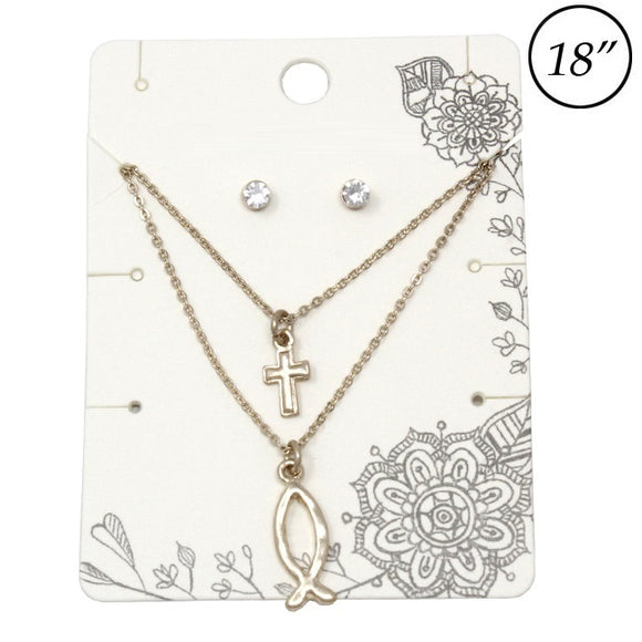 Multi layer Cross & Ichthys necklace set - gold