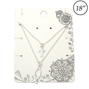 Multi layer Cross & Ichthys necklace set - silver