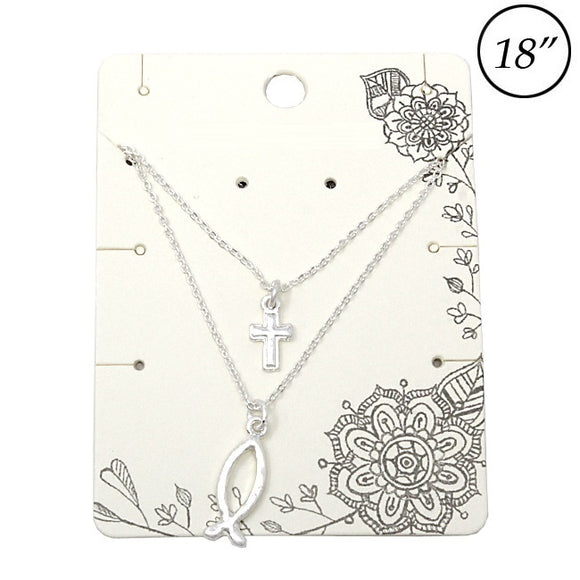 Multi layer Cross & Ichthys necklace set - silver