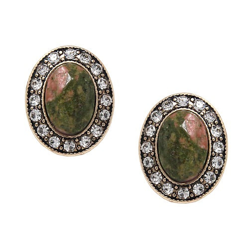 Oval stone w/ crystal studs earring - olive