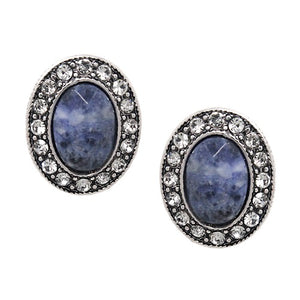 Oval stone w/ crystal studs earring - blue