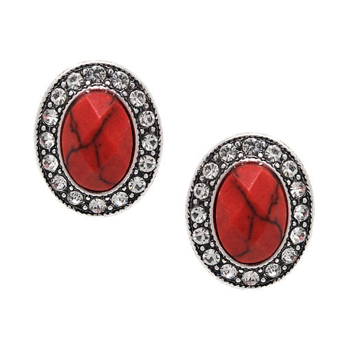 Oval stone w/ crystal studs earring - coral