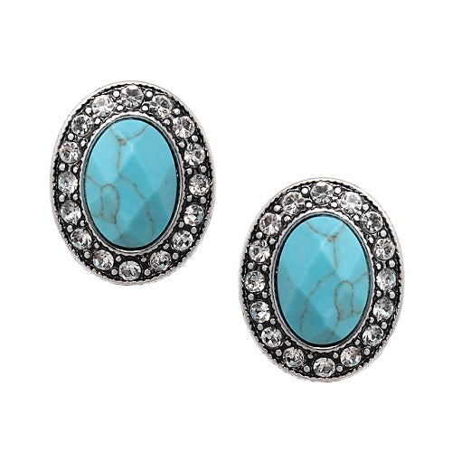 Oval stone w/ crystal studs earring - turquoise