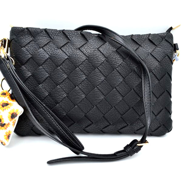 Weaving crossbody bag with sanitizer keychain - black