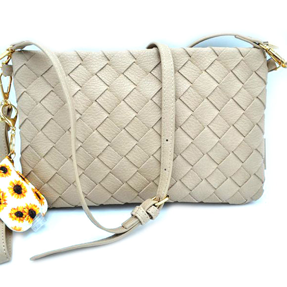 Weaving crossbody bag with sanitizer keychain - light stone