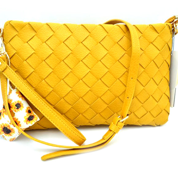 Weaving crossbody bag with sanitizer keychain - yellow