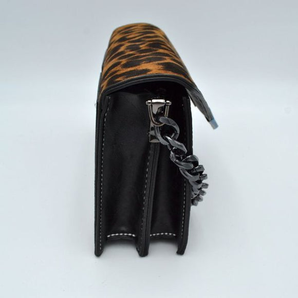 Leopard print & crocodile embossed chain shoulder bag - khaki