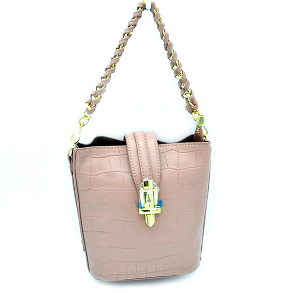 Crocodile embossed chain handle shoulder bag - pink