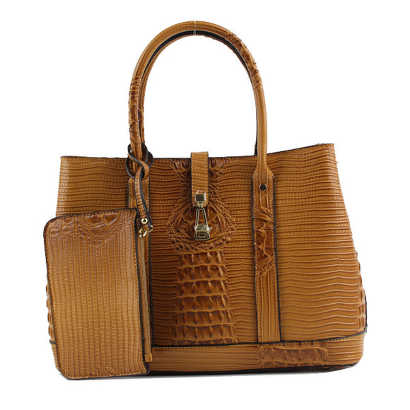 Crocodile embossed tote with pouch - yellow