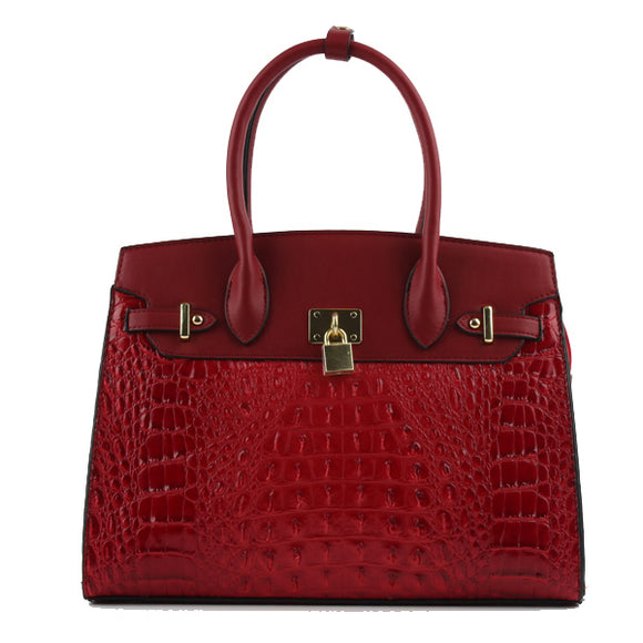 Crocodile embossed & decorated lock tote - red