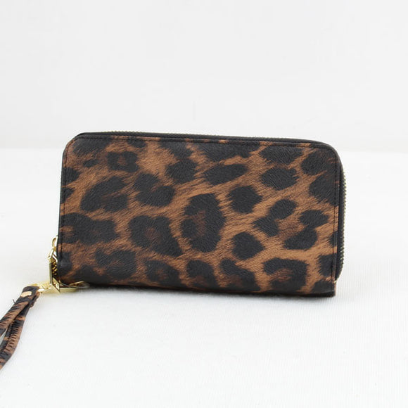 Leopard pattern double zipper wallet - coffee