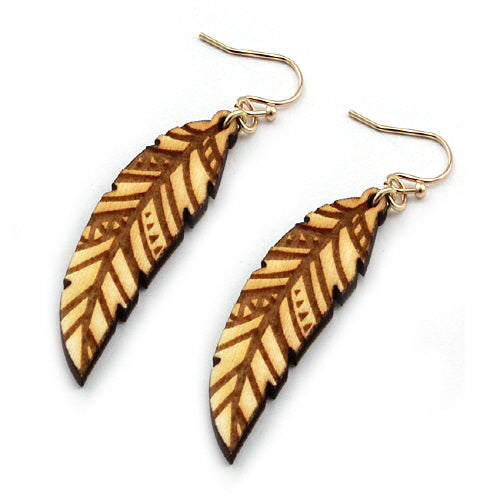 WOODEN FEATHER EARRING