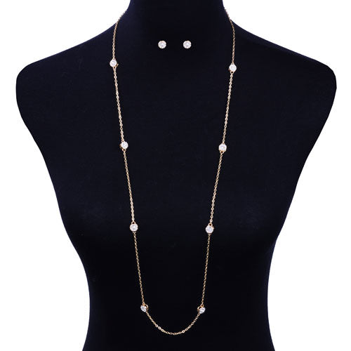 Long rhinestone necklace and earring set - gold