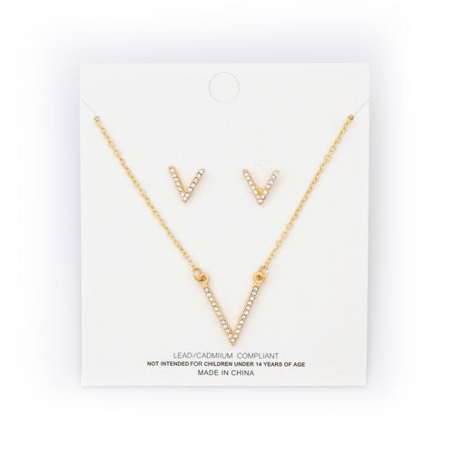 V Crystal stud necklace and earring set - gold