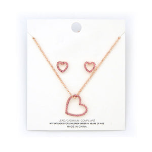 Heart crystal stud necklace and earring set - pink