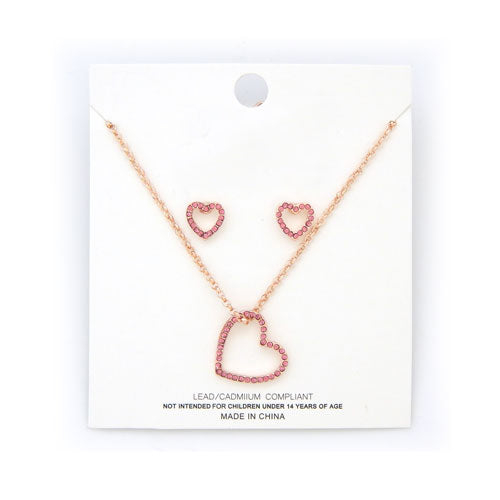 Heart crystal stud necklace and earring set - pink