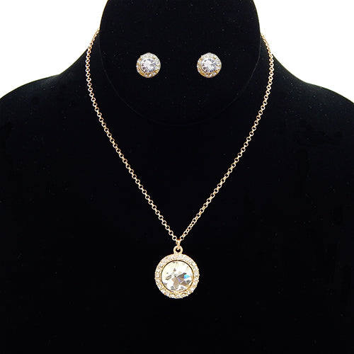 Crystal stud pendant necklace and earring set - gold
