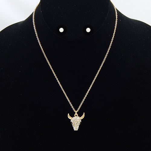 Cow crystal stud necklace set - gold & silver