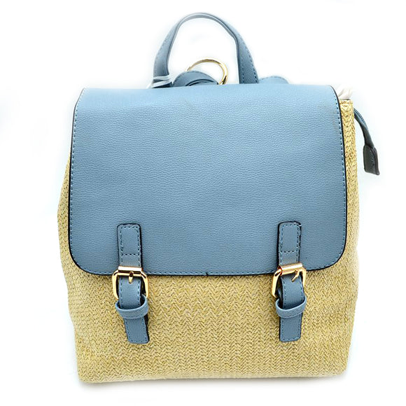 Belted straw backpack - blue