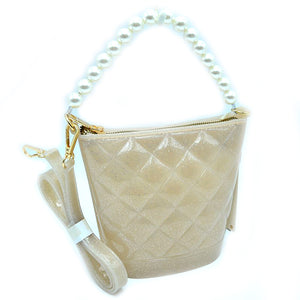 Small quilted glitter jelly pearl handle tote - nude